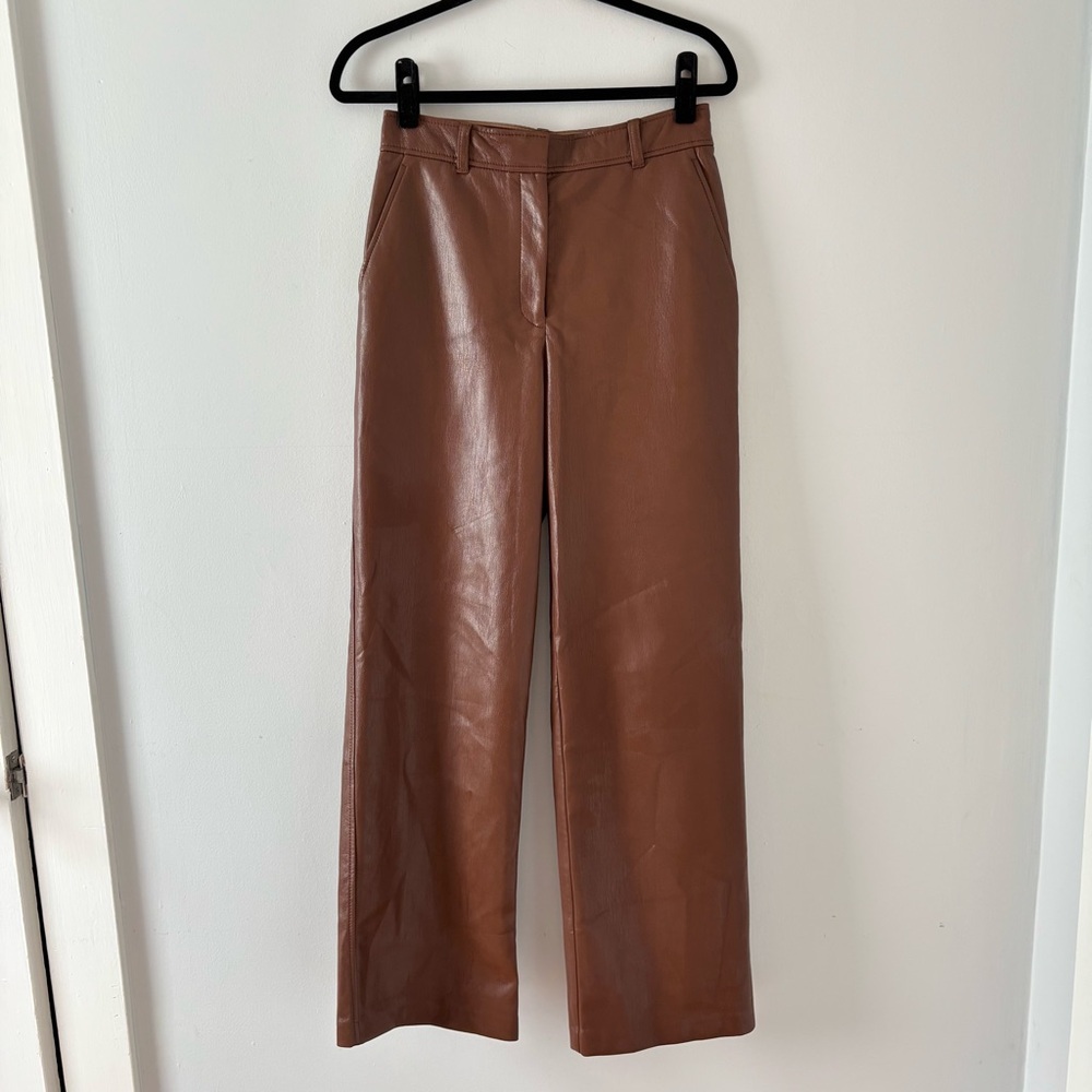 Babaton Agency Pant Vegan Leather High-Rise Straight Leg Trousers Cognac Aritzia - Picture 2 of 6